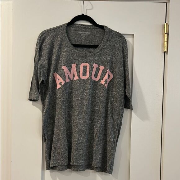 NWT Zadig & Voltaire Gray T-Shirt with Pink 'AMOUR' Print, Size Medium - Picture 1 of 9